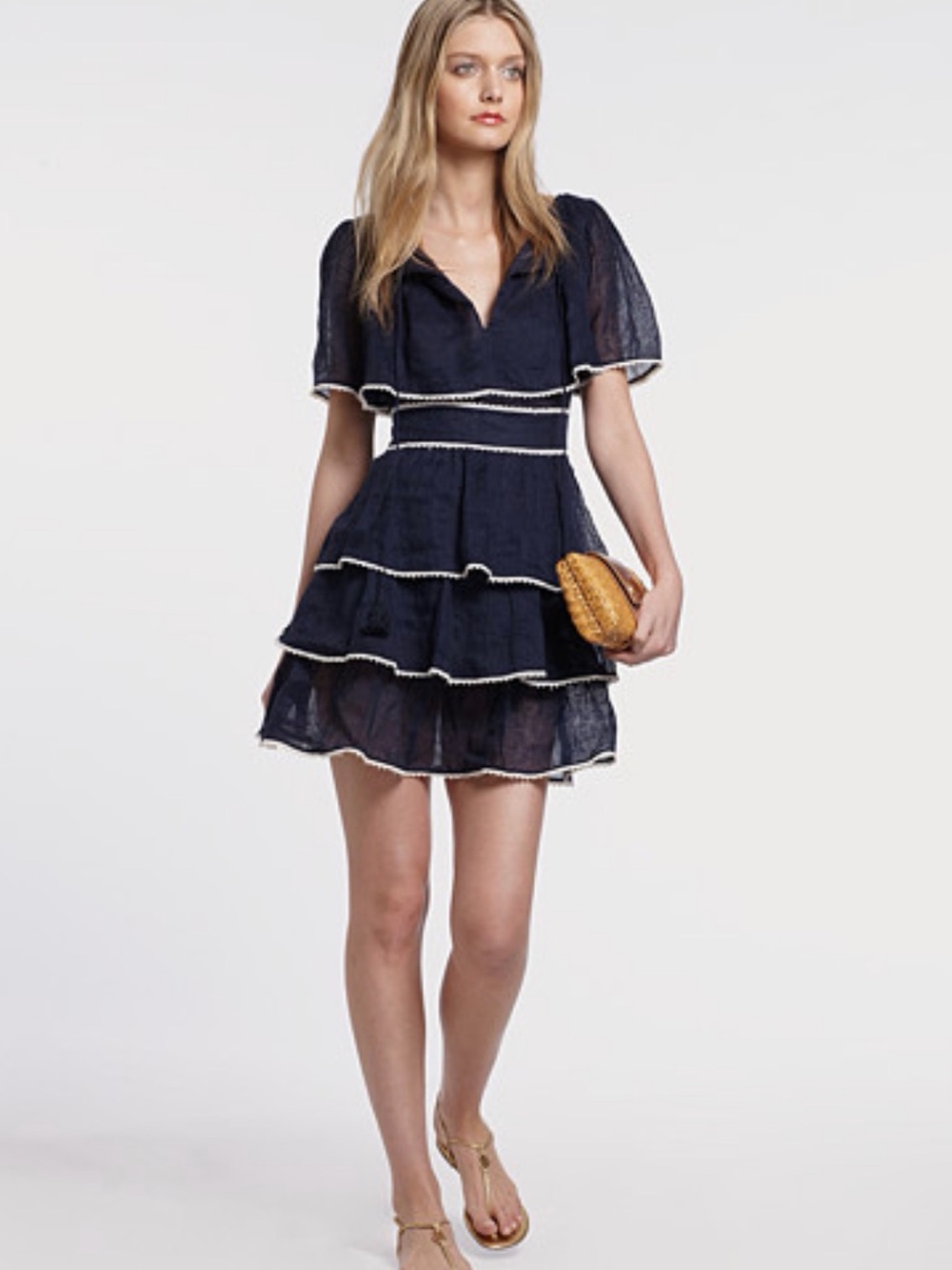 Tory Burch Navy Tiered Ruffle Mini Dress White Trim Flutter Sleeve Size 2
